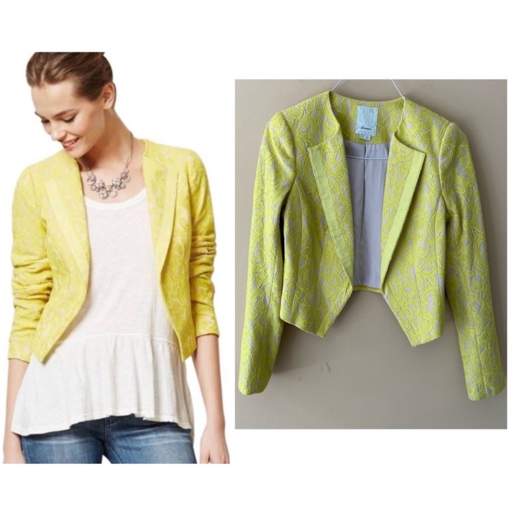 Yellow lace Elevenses cropped blazer in excellent condition from Anthropologie